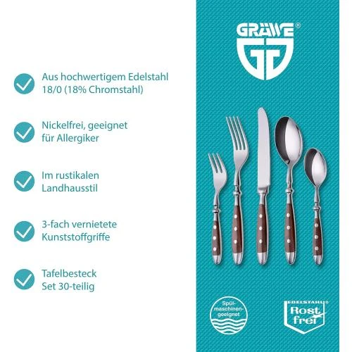 Détail de Couverts GRAWE inoxydables 30 pièces, rustiques, marron