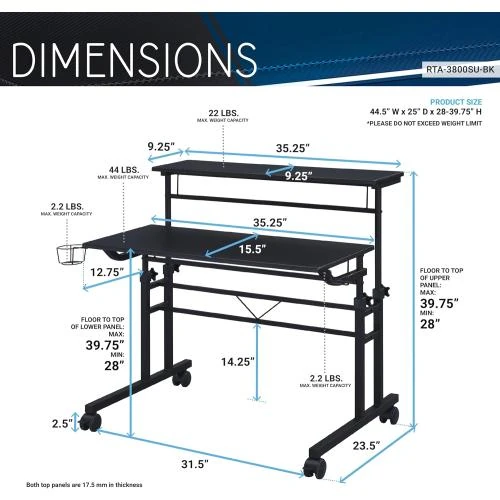 Zoom sur Bureau Techni Mobili, roulettes, hauteur réglable, étagère mobile