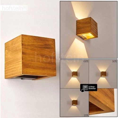 Détail de Applique murale LED Adak, cube lumineux, bois, métal, intensité variable
