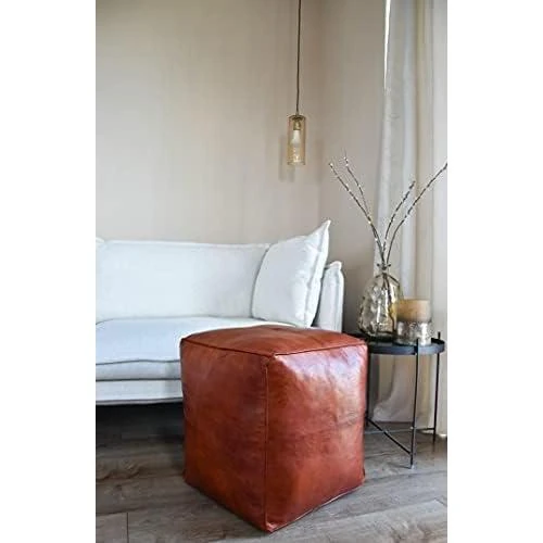 Zoom sur Pouf Carré XL en Cuir Véritable Fait Main - Multifonction Ottoman Cognac
