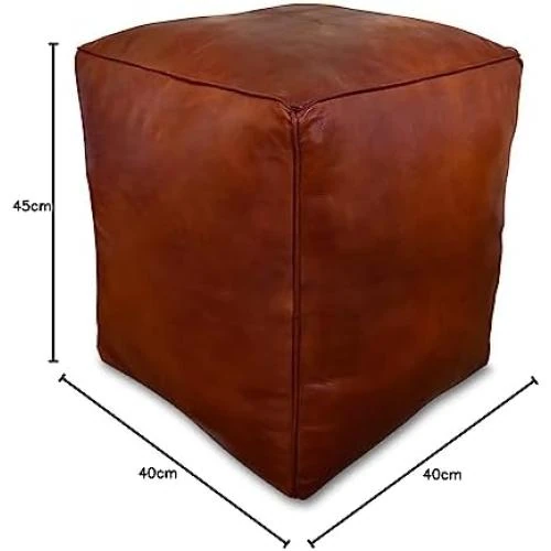 Détail de Pouf Carré XL en Cuir Véritable Fait Main - Multifonction Ottoman Cognac