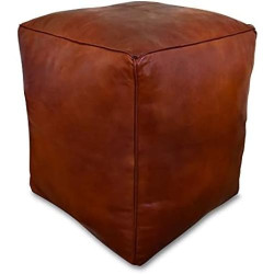 Présentation Pouf Carré XL en Cuir Véritable Fait Main - Multifonction Ottoman Cognac