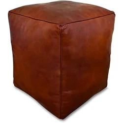 Pouf Carré XL en Cuir Véritable Fait Main - Multifonction Ottoman Cognac