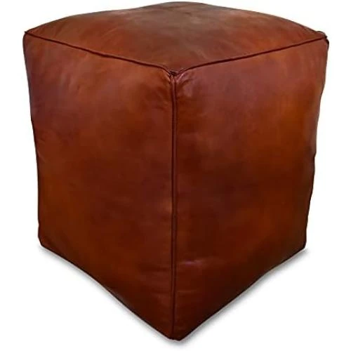 Pouf Carré XL en Cuir Véritable Fait Main - Multifonction Ottoman Cognac - Vue principale
