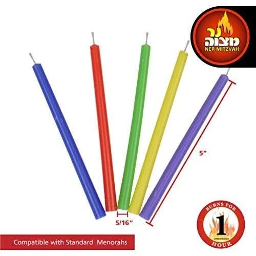 Zoom sur Bougies Hanouka Longues, Sans Gouttes, Multicolores, 45 Unités
