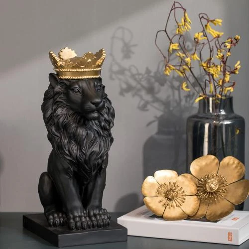 Zoom sur Statue Lion Debout Noir, Couronne Dorée, LC LCdecohome