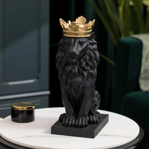 Détail de Statue Lion Debout Noir, Couronne Dorée, LC LCdecohome