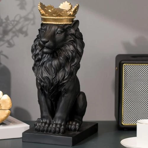 Statue Lion Debout Noir, Couronne Dorée, LC LCdecohome - Vue principale