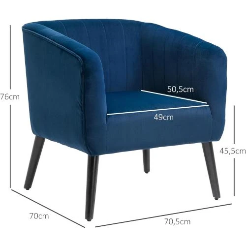 Zoom sur Fauteuil Moderne Rembourré Velours Bleu, Style Nordique