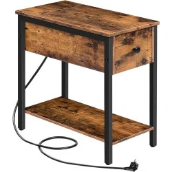 Table d'Appoint Hoobro, Tiroir, Ports USB, Marron Rustique