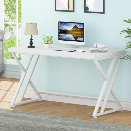 Bureau moderne blanc, bois métal, table jeu étudiant, rangement - Vue principale