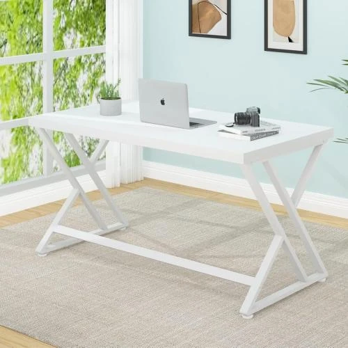 Détail de Bureau moderne blanc, bois métal, table jeu étudiant, rangement