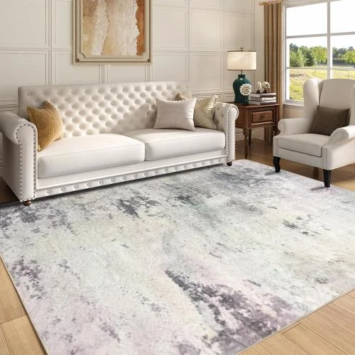 Détail de Tapis Abstrait Moderne Asiinnsy, Antidérapant, Crème, Gris