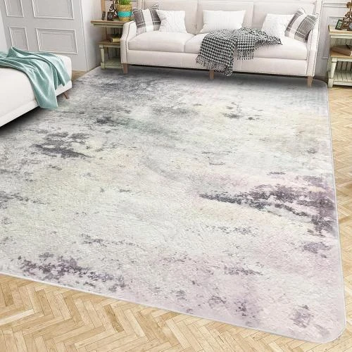 Zoom sur Tapis Abstrait Moderne Asiinnsy, Antidérapant, Crème, Gris