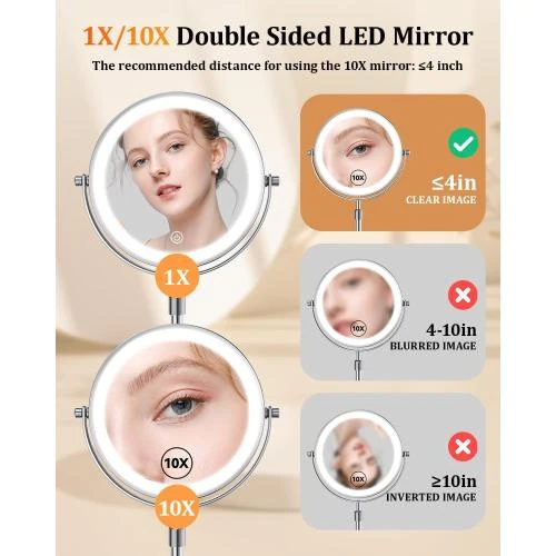 Zoom sur Miroir maquillage lumineux, grossissant 1x 10x, 3 couleurs