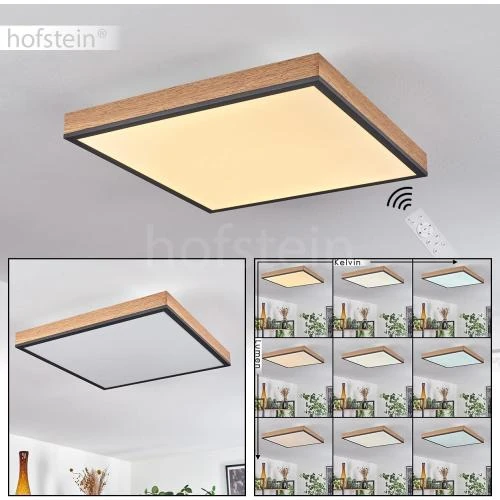 Détail de Plafonnier LED Salmi, métal noir, aspect bois, télécommande
