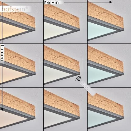 Zoom sur Plafonnier LED Salmi, métal noir, aspect bois, télécommande