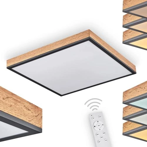 Plafonnier LED Salmi, métal noir, aspect bois, télécommande - Vue principale
