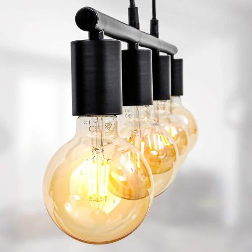 Zoom sur Suspension vintage design industriel noir mat, 4 ampoules E27