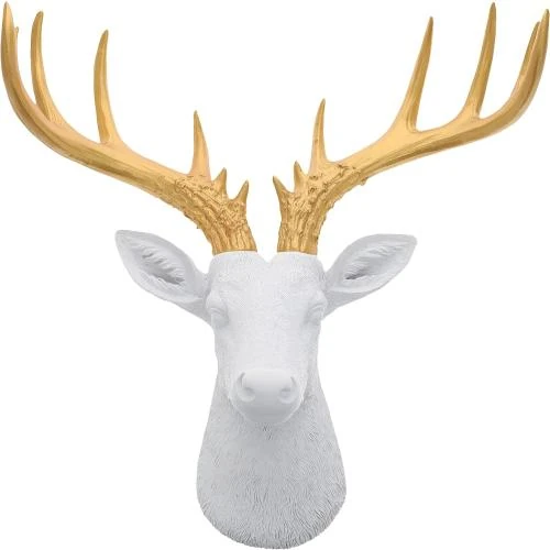 Décoration murale cerf blanc, sculpture bois doré, art moderne - Vue principale