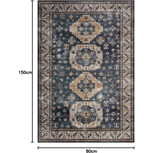 Zoom sur Tapis oriental lavable, style bohème vintage, bleu marine