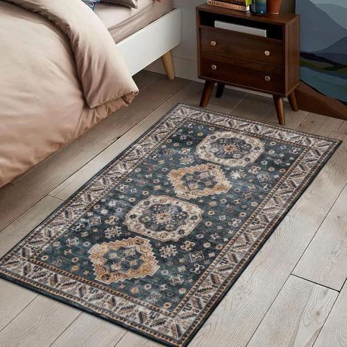 Détail de Tapis oriental lavable, style bohème vintage, bleu marine