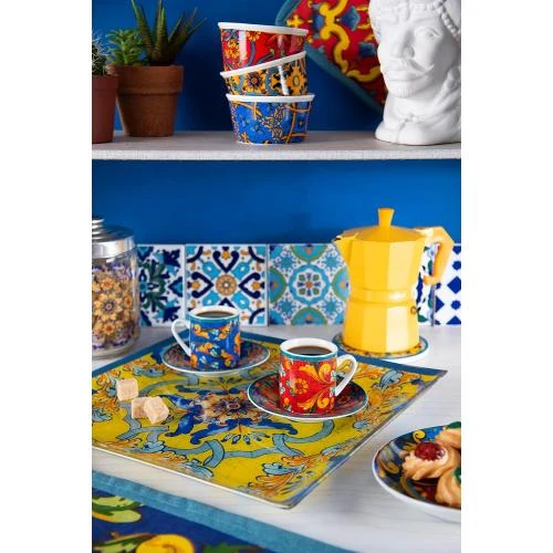 Zoom sur Excelsa, Set 6 Tasses Café Trinacria, Porcelaine Multicolore