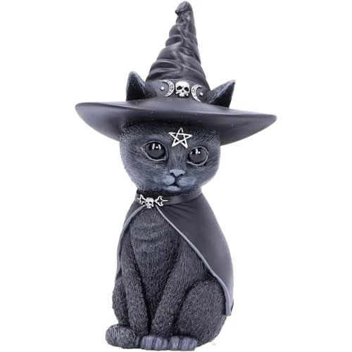 Figurine Chat Occulte, Chapeau Sorcière Noir, Résine - Vue principale