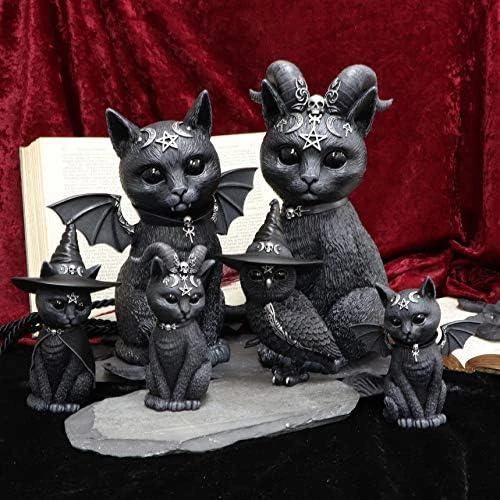 Détail de Figurine Chat Occulte, Chapeau Sorcière Noir, Résine
