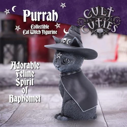 Zoom sur Figurine Chat Occulte, Chapeau Sorcière Noir, Résine