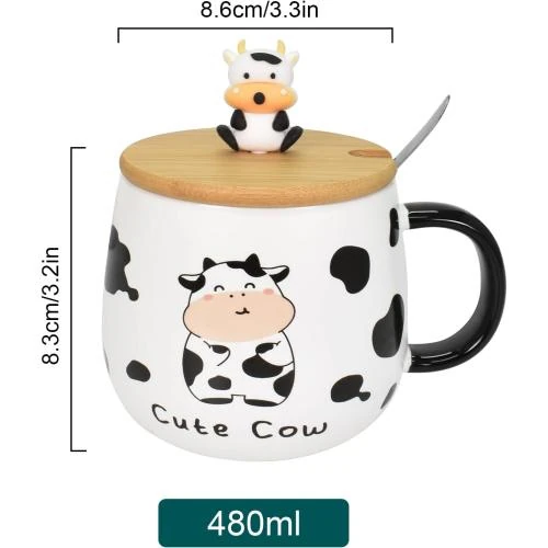Détail de Tasse à Café Céramique Vache, Couvercle, Cuillère, Drôle