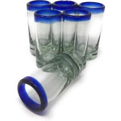 Verres à shot tequila mexicains soufflés main, bord bleu cobalt - Vue principale