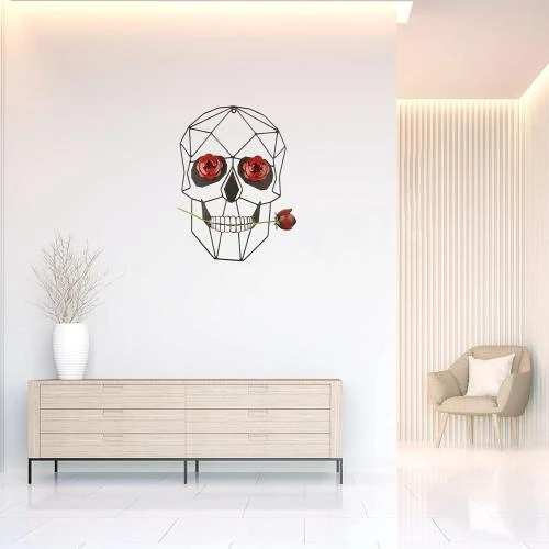 Détail de Décoration Murale Tête de Mort en Métal Noir, Squelette Romantique