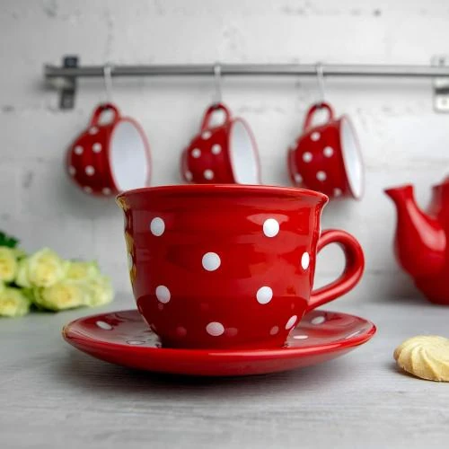 Détail de Tasse, sous-tasse, café, thé, rouge, pois blancs, City To Cottage