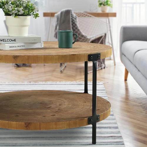 Zoom sur Table basse ronde bois naturel Awescuti, style bohème
