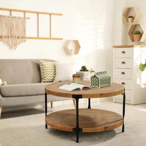 Détail de Table basse ronde bois naturel Awescuti, style bohème