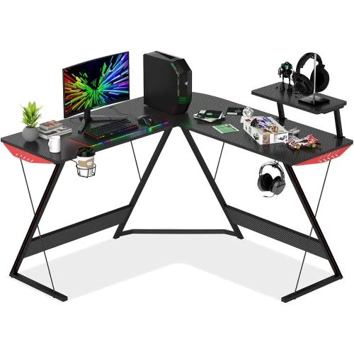 Bureau Gamer en L LIVHOOU, Surface Fibre Carbone, Noir - Vue principale