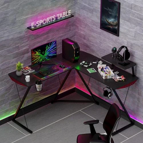 Détail de Bureau Gamer en L LIVHOOU, Surface Fibre Carbone, Noir