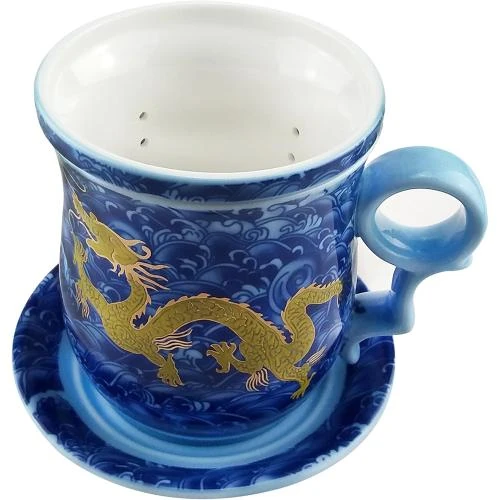 Détail de Tasse à Thé Chinoise Dragon Or, Porcelaine Bleue Blanche