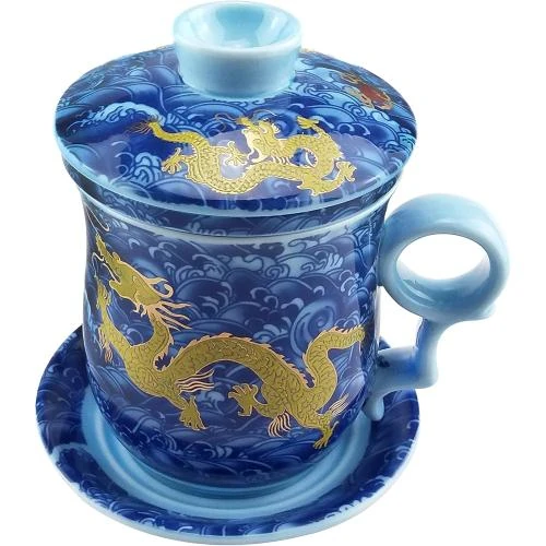 Tasse à Thé Chinoise Dragon Or, Porcelaine Bleue Blanche - Vue principale