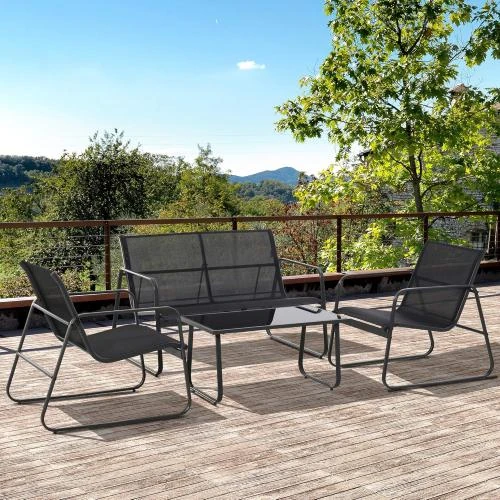 Détail de Outsunny Ensemble table basse, 2 chaises jardin métal, textilène noir