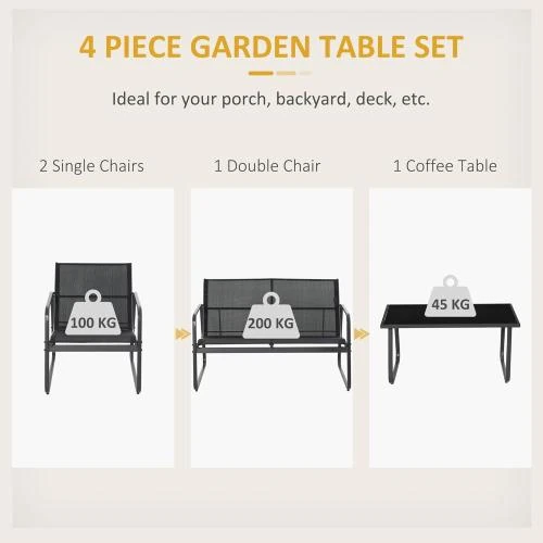 Zoom sur Outsunny Ensemble table basse, 2 chaises jardin métal, textilène noir