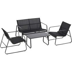 Outsunny Ensemble table basse, 2 chaises jardin métal, textilène noir