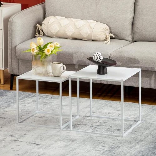 Détail de Tables Basses Carrées Empilables, Acier, Blanc, 2 pièces