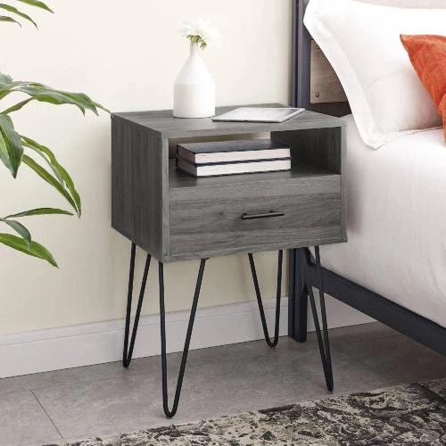 Zoom sur Table de chevet rétro bois URBNLIVING, tiroir, étagère, acier