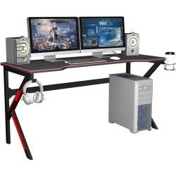 Bureau Gaming PC, Table de Jeu, Accessoires Inclus, Noir