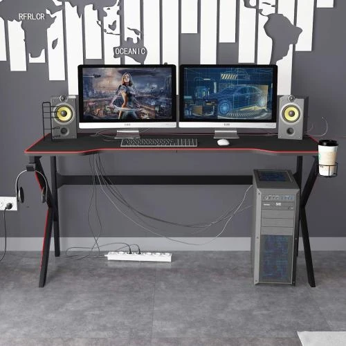 Détail de Bureau Gaming PC, Table de Jeu, Accessoires Inclus, Noir