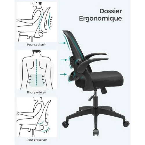 Zoom sur Fauteuil Bureau Ergonomique Songmics, Noir, Pivotant, Réglable