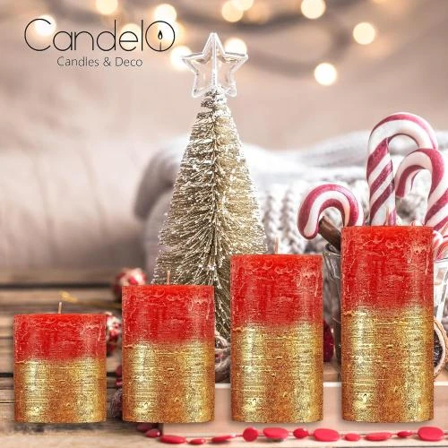 Zoom sur Bougies piliers Candelo, lot 4, style rustique, rouges métalliques