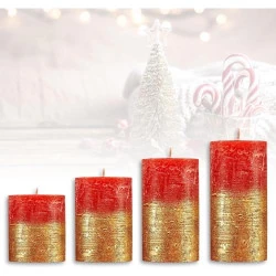 Bougies piliers Candelo, lot 4, style rustique, rouges métalliques